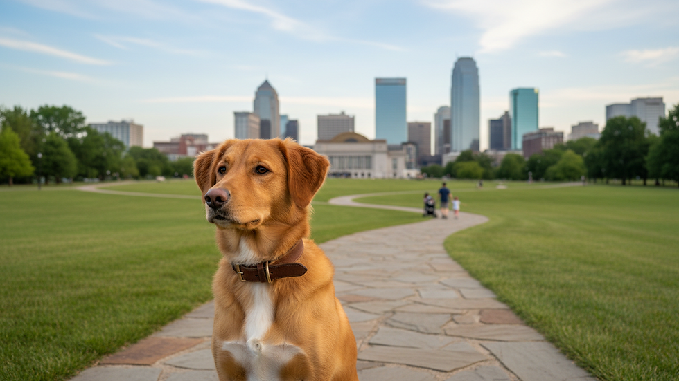 Eye-level view of a dog sitting attentively in a Kansas City park