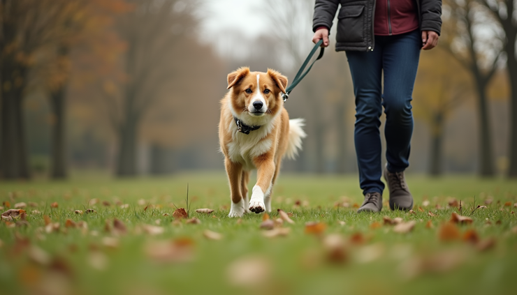 Eye-level view of a dog calmly walking on a leash beside its owner in a park