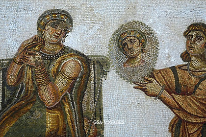 6-day tour of Tunisia from Zarzis: Roman mosaic depicting two men and a woman.