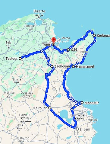 Map of the 5-day circuit from Tunis to El Jem.