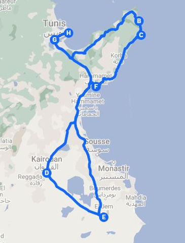 Road map of the 3-day circuit from Tunis to Kairouan.