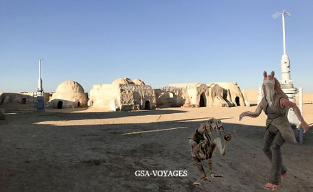 Jar Jar Binks and Gold at Mos Espa, Star Wars filming location in Tunisia.