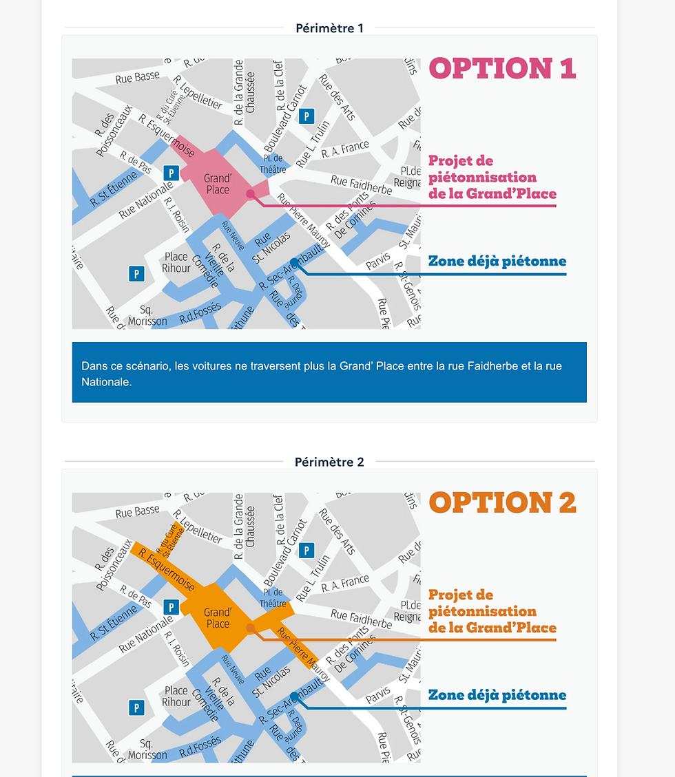 Deux cartes du projet de piétonnisation de la Grand’Place : option 1 rose, option 2 orange, zone déjà piétonne en bleu.