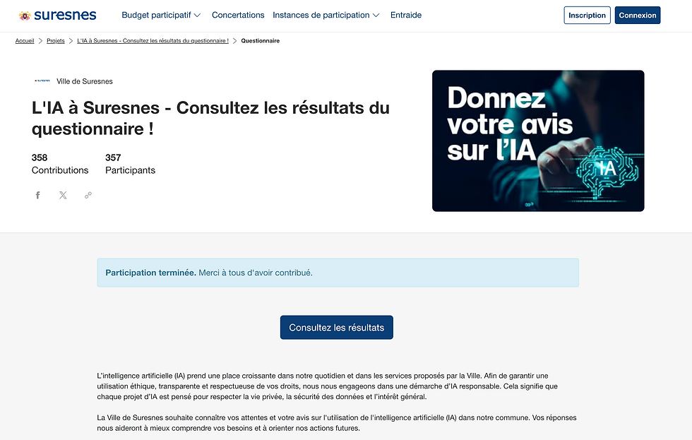 Page de Suresnes sur l’IA avec titre, 358 contributions, 357 participants, message de fin et bouton Consulter les résultats.