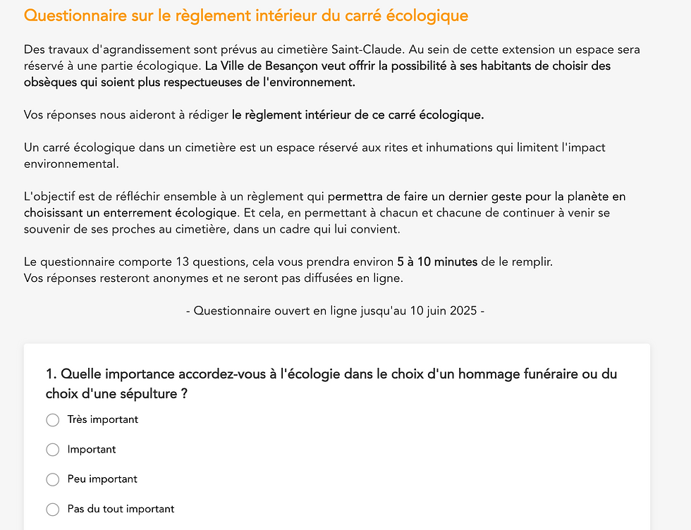 Page de questionnaire en ligne sur le règlement d’un carré écologique au cimetière, avec texte explicatif et question à choix multiples.