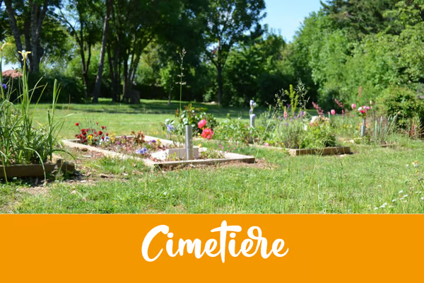 Cimetière verdoyant avec tombes fleuries dans un parc ensoleillé, mot Cimetière en blanc sur bandeau orange.