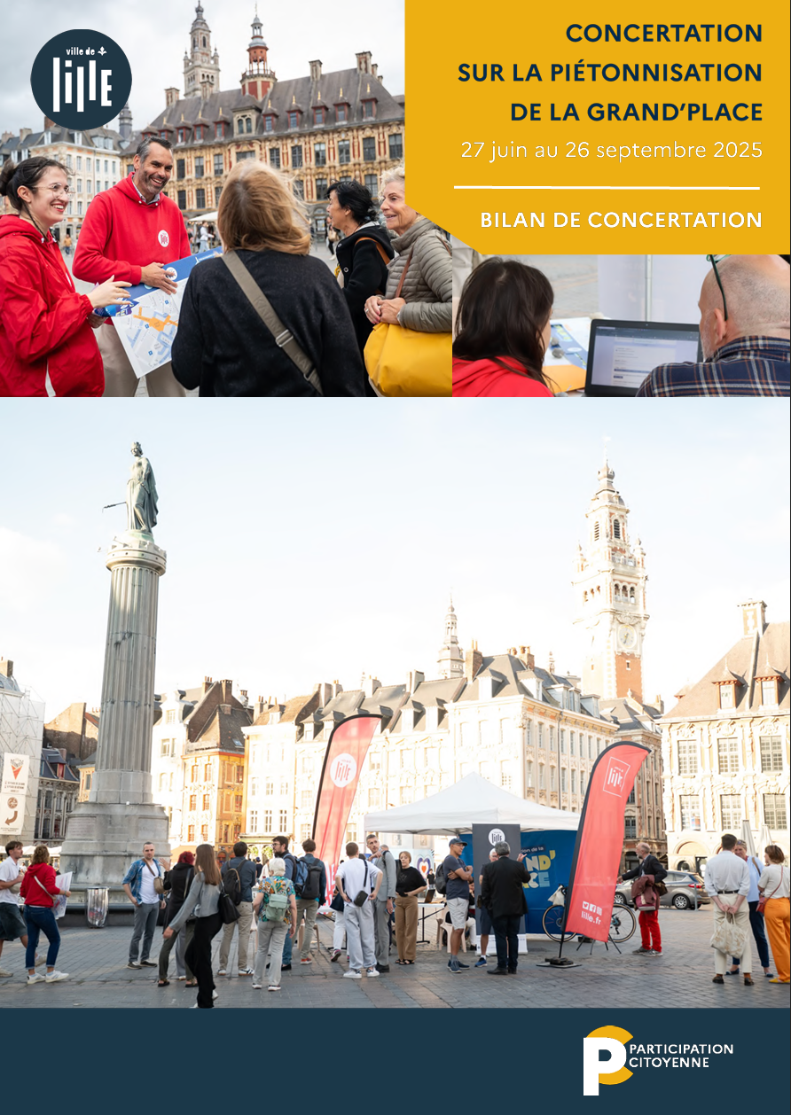 À Lille, des habitants échangent sur la piétonnisation; banderoles jaunes et rouges, logo Ville de Lille, Grand-Place en fond.