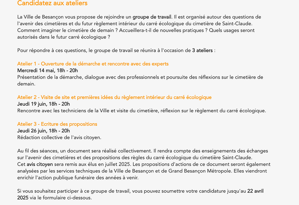 Affiche en français sur 3 ateliers à Besançon pour un groupe de travail sur l’avenir du cimetière et du carré écologique.