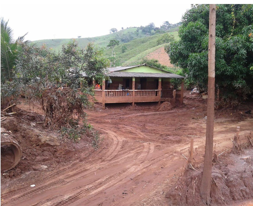 Sítio Cidreira logo após o rompimento da barragem de Fundão. Foto: Arquivo pessoal de Mônica Campos. #ParaTodosVerem: Casa cercada por marcas de lama e terra revolvida, em área rural com árvores e morros ao fundo. A paisagem evidencia os impactos deixados pela passagem dos rejeitos.