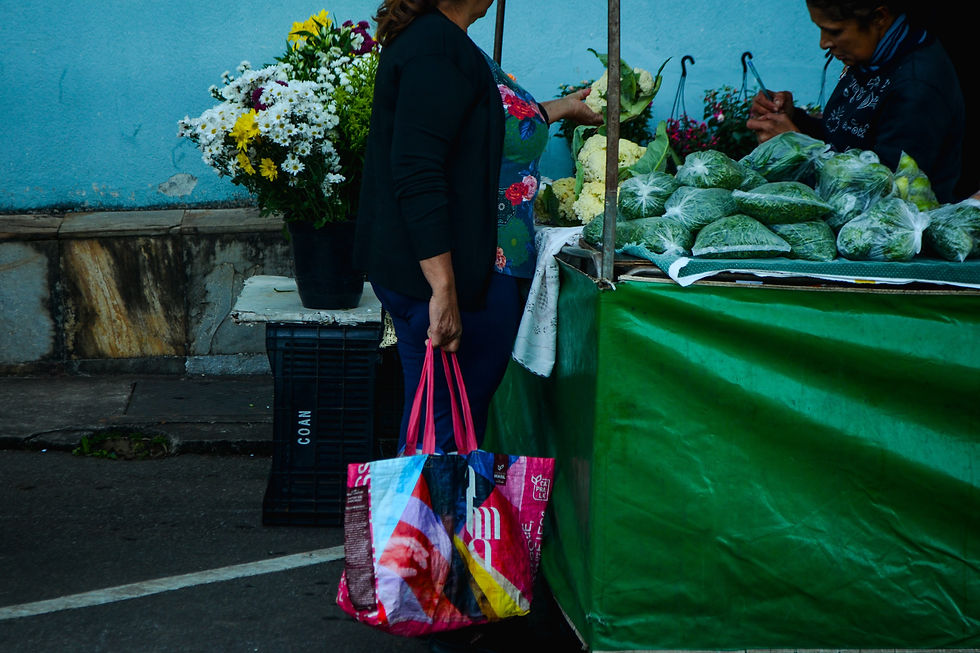 #ParaTodosVerem: A foto mostra uma transação em uma feira, com duas mulheres próximas a uma barraca. Em primeiro plano, uma cliente de lado, com uma blusa escura, segura uma grande sacola colorida. À direita, a feirante está atrás de sua banca coberta por uma lona verde, onde vários vegetais ensacados estão à venda. Ao fundo, um vaso de flores amarelas e brancas fica ao lado de uma parede azul, adicionando cor ao cenário.