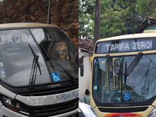 #PraTodosVerem: Imagem dividida ao meio, mostrando dois ônibus urbanos em ambientes diferentes. No lado esquerdo, um ônibus branco e bege com detalhes em preto está estacionado próximo a um muro de pedra. No para-brisa, o letreiro eletrônico indica o destino "TAQUARAL". Há um adesivo azul com símbolo de acessibilidade próximo ao para-brisa. O ônibus tem o nome “Rota Real” na dianteira. No lado direito, um ônibus amarelo claro com detalhes em laranja exibe no letreiro eletrônico a mensagem "TARIFA ZERO!". Também há adesivos azuis indicando acessibilidade na dianteira.