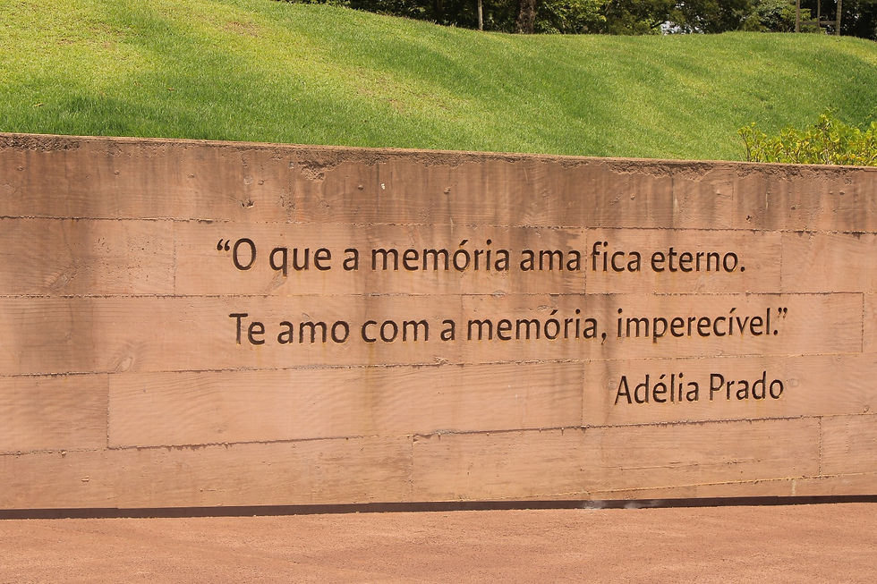 Entrada do corredor que leva às salas do Memorial. Foto por Carmen Maria Crispim. #ParaTodosVerem: Um paredão de concreto traz a frase de Adélia Prado: “O que a memória ama fica eterno. Te amo com a memória, imperecível.” Ao fundo, um gramado verde transmite silêncio, respeito e contemplação.