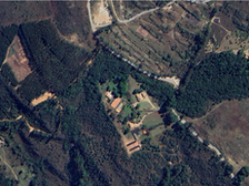 A imagem destaca construções distribuídas no terreno, áreas de pastagem e caminhos de terra. A fotografia evidencia um contraste de verdes escuros, representando a vegetação densa e reflorestada, com tons de verde-claro e marrom nas áreas abertas, gramadas ou de cultivo. As construções da fazenda se destacam em tons terrosos e alaranjados, sugerindo telhados de barro. Há também faixas cinzentas indicando estradas ou trilhas. 