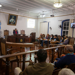 A imagem mostra uma audiência pública acontecendo em um salão da Câmara Municipal. As pessoas presentes estão sentadas em cadeiras, organizadas em fileiras. Na parte da frente, há uma mesa grande com várias pessoas que estão representando instituições e serviços que diariamente trabalham com pessoas em situação de rua.O local tem paredes claras, teto branco e chão de madeira escura. Há bandeiras ao fundo e dois quadros pendurados na parede.