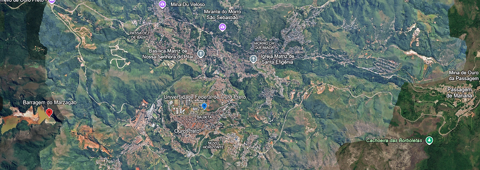 Localização da Barragem e sua proximidade a áreas habitadas e com as vias que conectam Ouro Preto e Mariana. Crédito: Imagem retirada do Google Earth. #ParaTodosVerem: Foto do Google Earth mostrando a localização da barragem e sua proximidade com a zona urbana de Ouro Preto e Mariana.