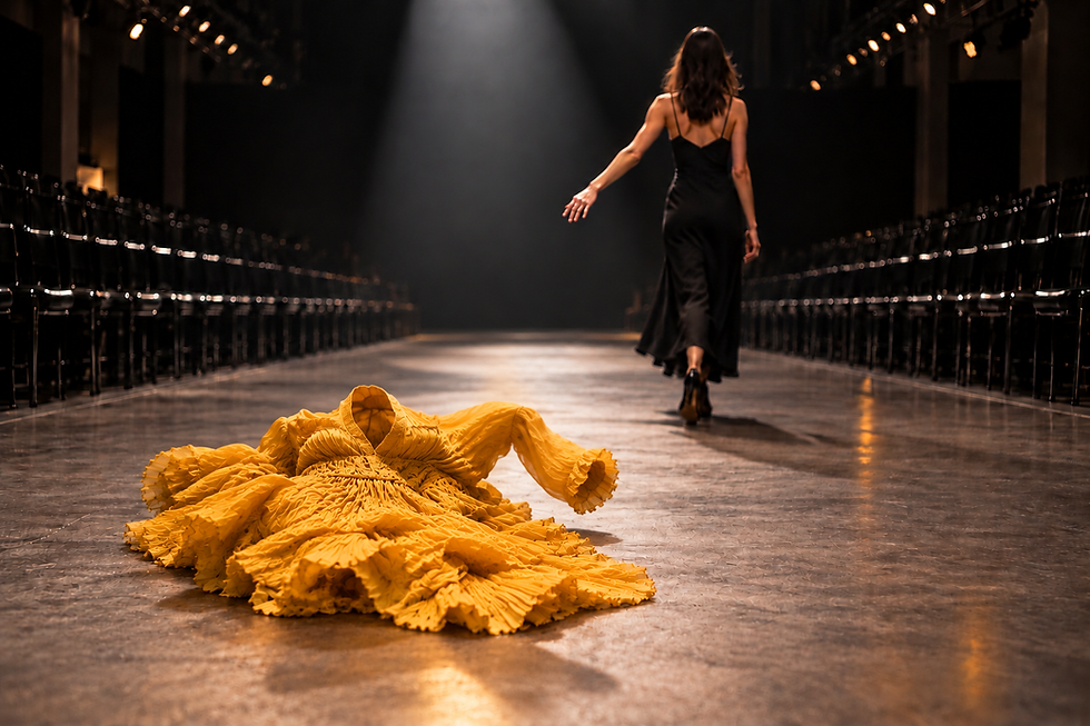 Model walking away from an empty yellow pleated dress on a dark runway, conceptual AI image