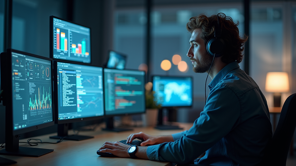 Eye-level view of a professional working remotely with multiple screens