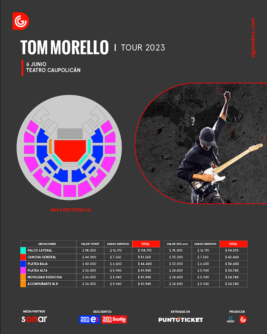 Tom Morello llega a Chile: martes 6 de junio en Teatro Caupolicán