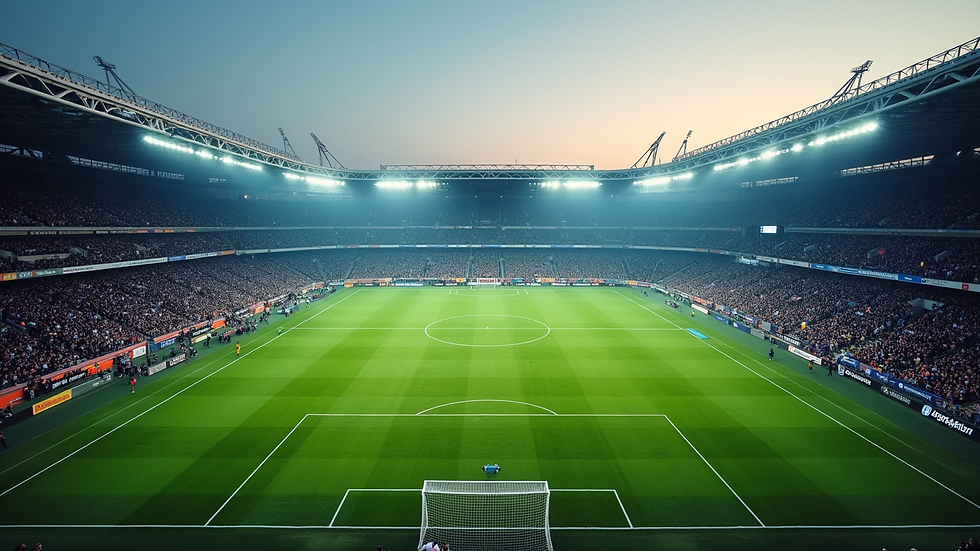 high angle view of a football match on a large stadium pitch