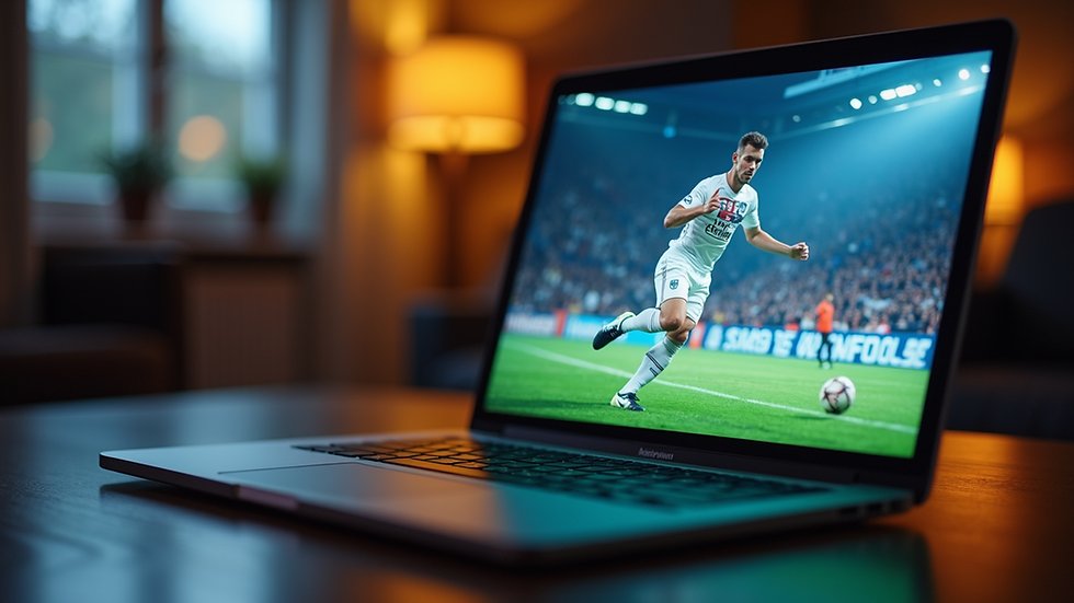 eye-level view of a laptop screen showing a live sports broadcast