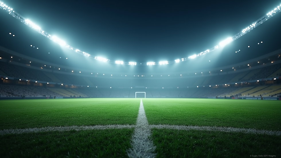 eye-level view of a football stadium with bright floodlights