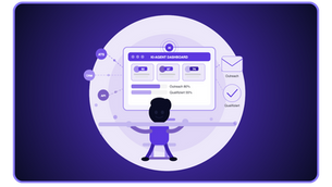 Person am Schreibtisch vor einem KI-Agent-Dashboard mit Kandidatenprofilen, Scoring-Badges und vernetzten Datenquellen — Flat-Illustration im MONA AI Design.