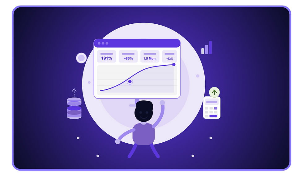 Person zeigt auf ein KI-Recruiting-Dashboard mit ansteigender ROI-Kurve und Kennzahlen-Kacheln — flankiert von Münzstapel und Wachstumssymbolen. Flat-Illustration im MONA AI Design.