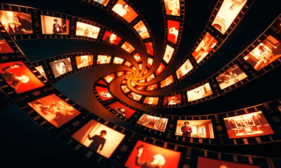 Glowing orange film strips spiral inward, showing small scenes of people against a dark background, creating a dynamic cinematic mood.