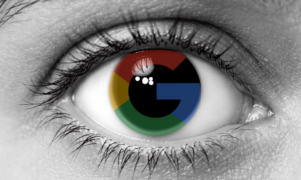 Close-up of a human eye with the Google logo in the iris, black-and-white skin and lashes, surreal and watchful.