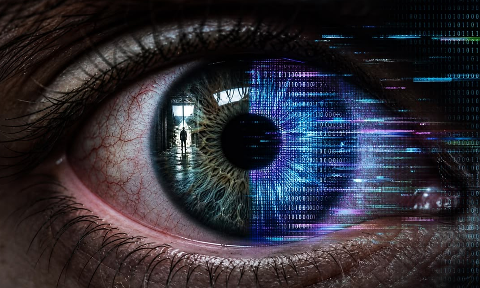 Close-up of a human eye with blue digital code overlay, reflecting a lone figure in a corridor, evoking surveillance and mystery