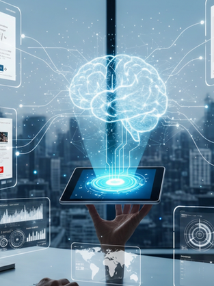 Woman in a futuristic office views a glowing holographic brain and floating product screens over a city skyline.