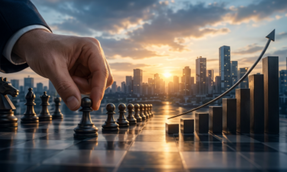 Hand moves a chess piece on a reflective board at sunset, with rising bars and a city skyline suggesting growth.