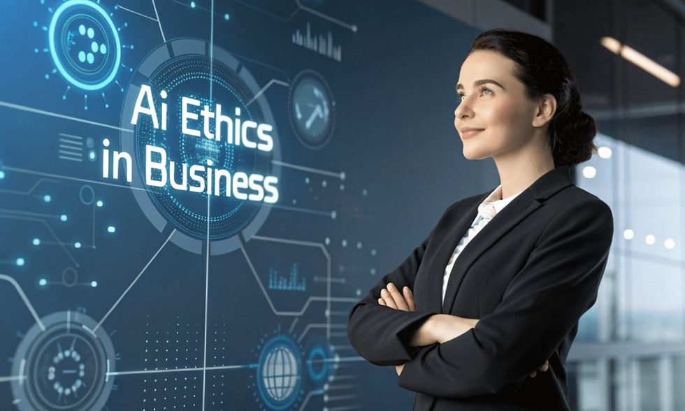 Confident woman in a black suit stands by a blue tech wall reading AI Ethics in Business.