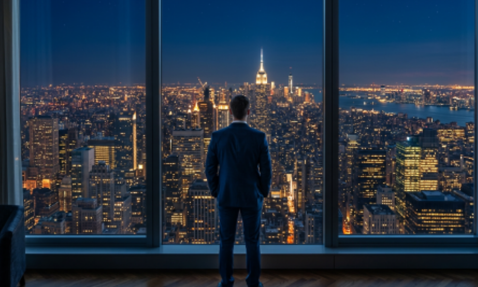 Man in a dark suit stands by floor-to-ceiling windows, gazing over a glowing nighttime city skyline and river.