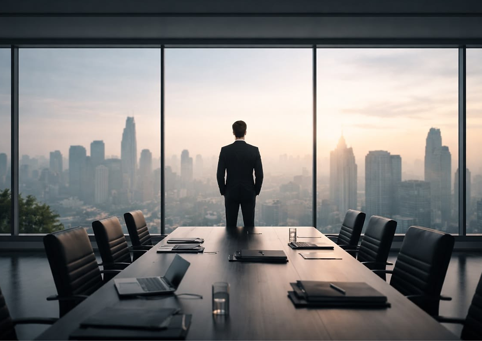Businessman in a dark suit stands by a conference table in a glass-walled office, facing a hazy city skyline at sunset.