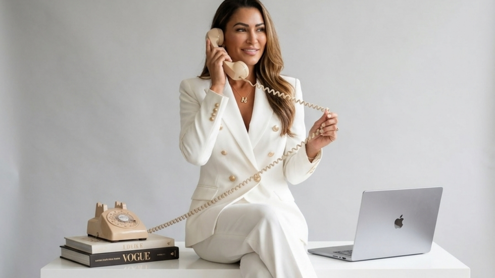 Woman in a white suit smiles while using a beige rotary phone beside an open MacBook and Vogue books in a minimalist room.