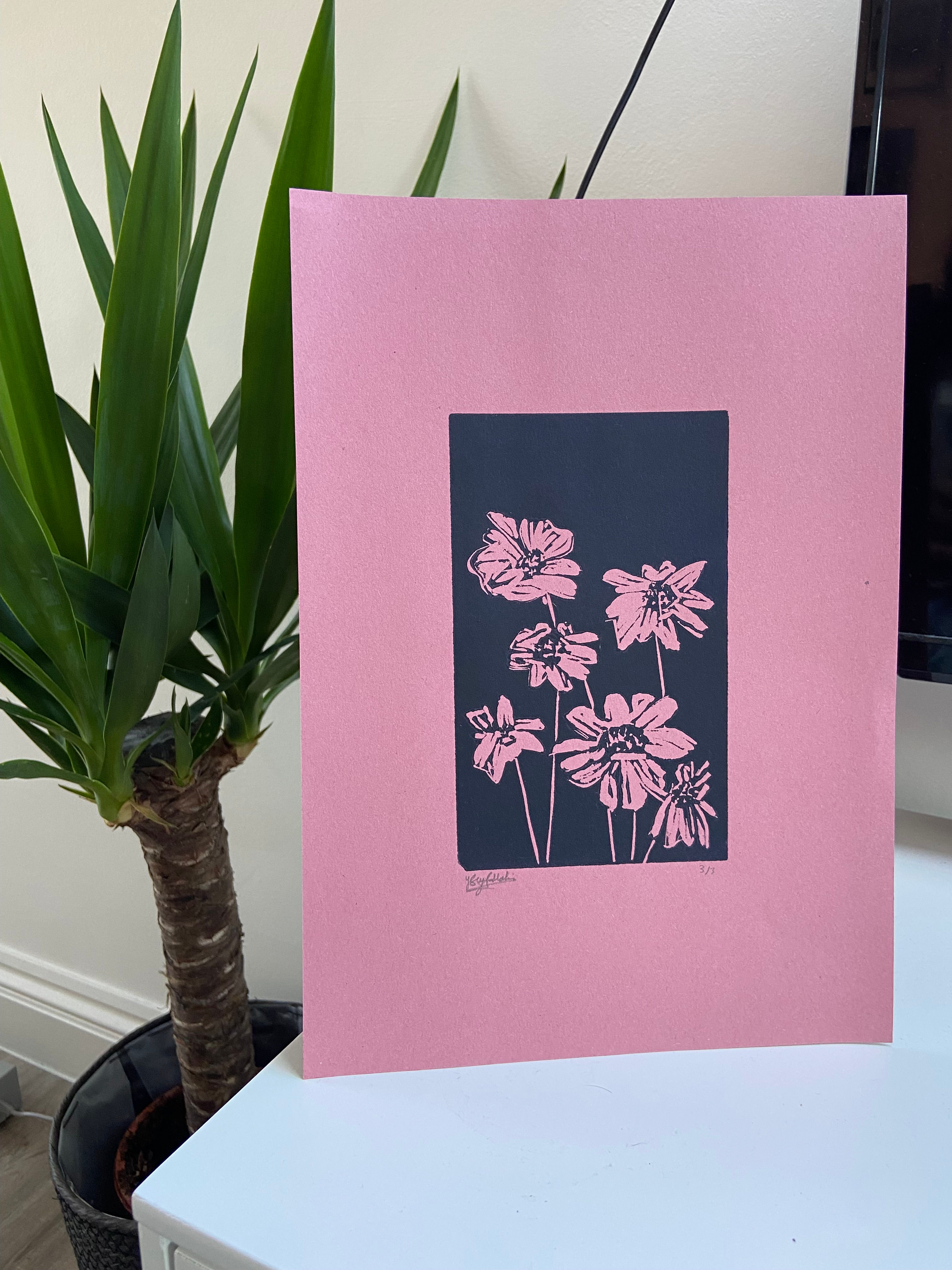 Black Flowers on Pink
