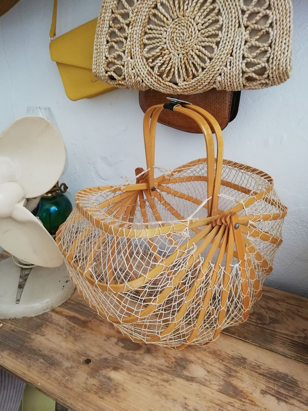 panier demie lune vintage bois et filet
