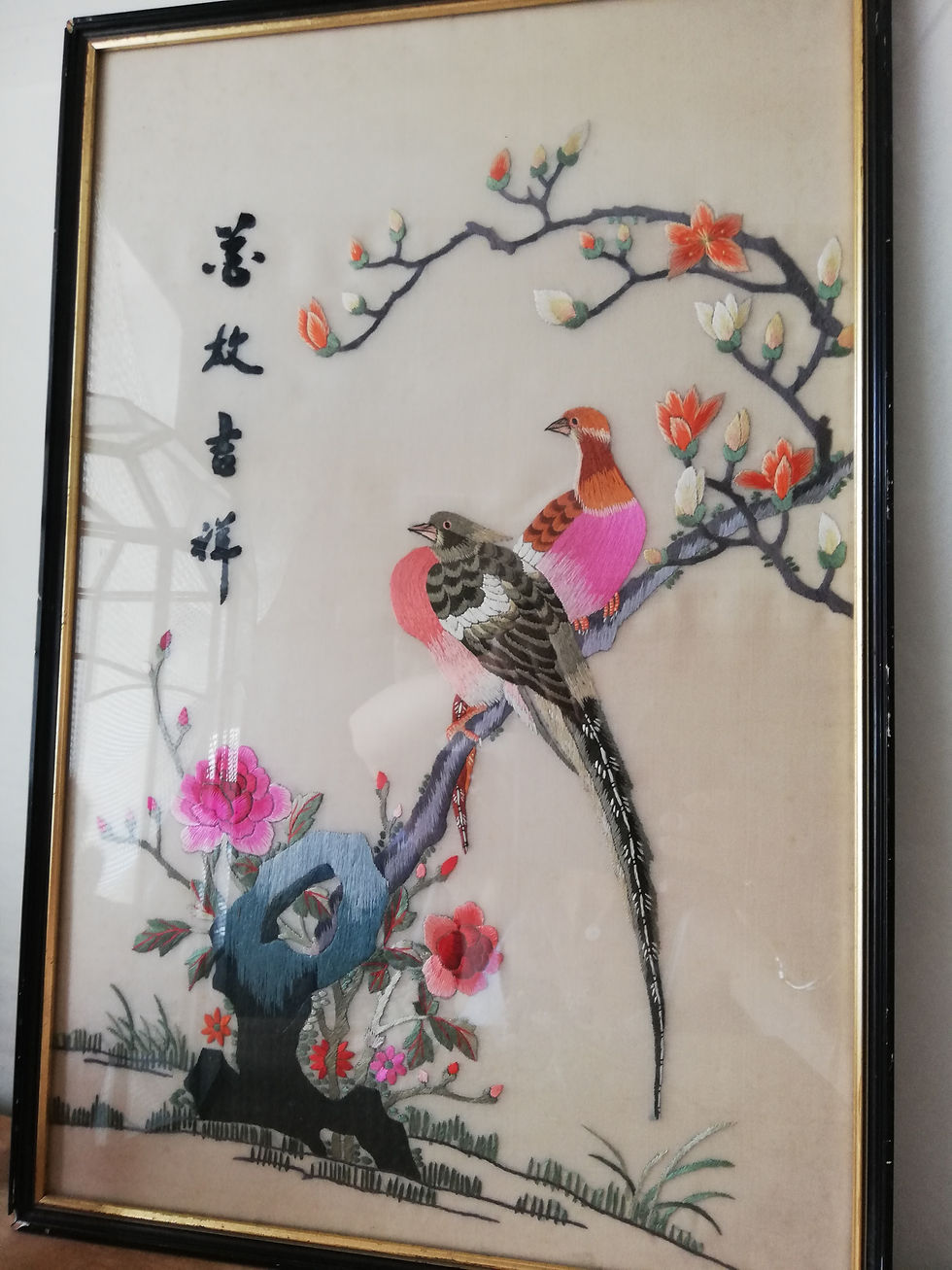 broderie oiseaux exotiques sous cadre