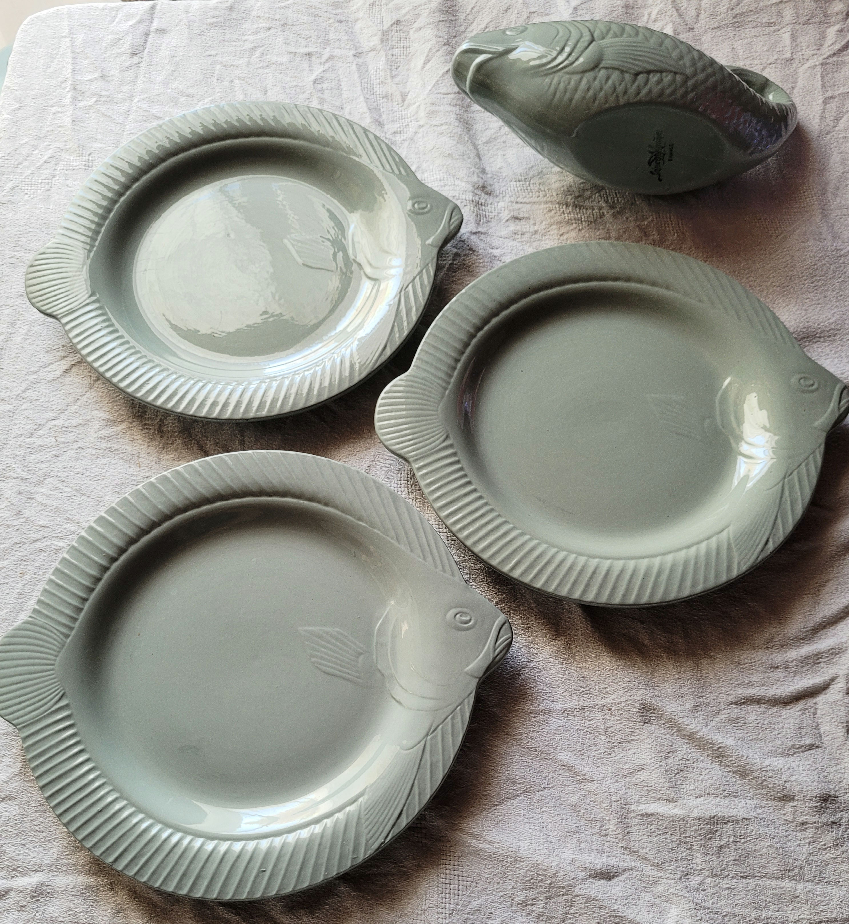 assiettes a poisson sarreguemines couleur bleu mint