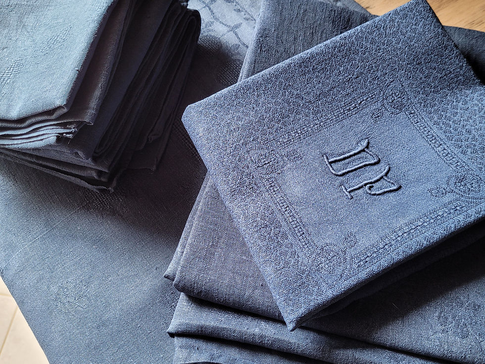 nappe et 6 serviettes ancienne en lin bleu marine