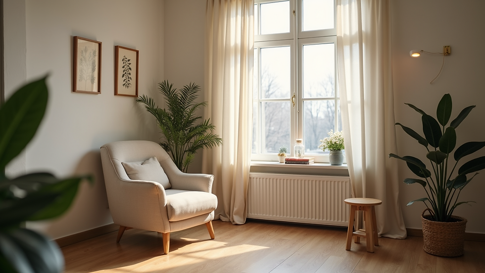 Eye-level view of a cozy therapy office with a comfortable chair and soft lighting