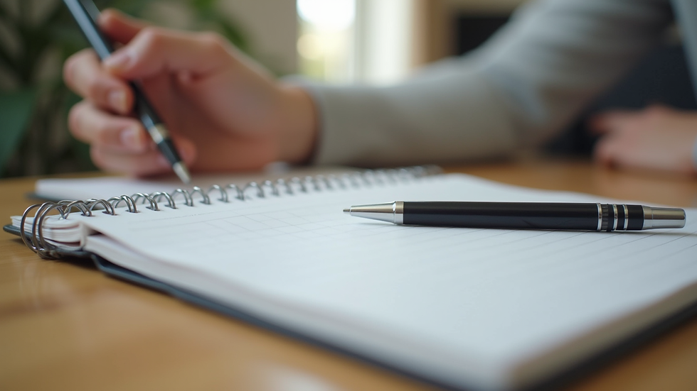 Close-up view of a therapist's notebook and pen on a wooden table during a home visit