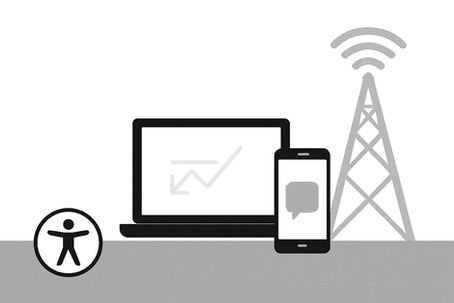 Laptop and phone with signal tower, surrounded by icons depicting connectivity and accessibility, in grayscale theme.