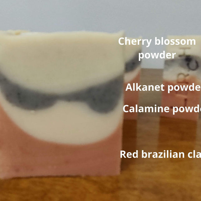 image shows soap colorants Top to bottom: cherry blossom powder, alkanes root powder, calamine powder, red Brazilian clay