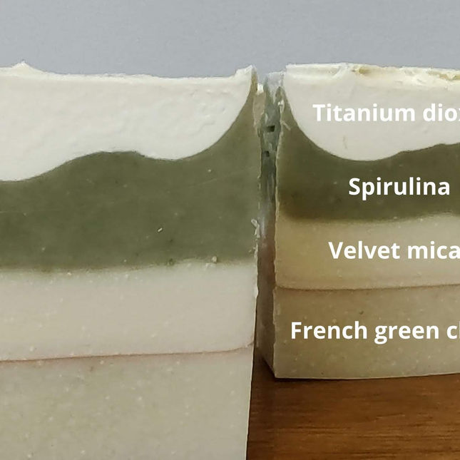 image shows soap it shows what titanium dioxide, spiraling, velvet mica, and french green clay look like in soap