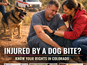 Dog bite injury on a Colorado Springs hiking trail, showing a man with an arm wound being comforted by a companion.