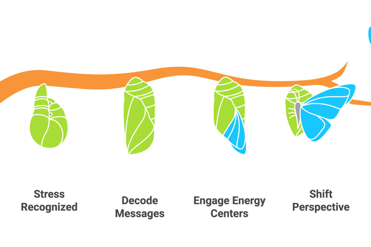 A caterpillar transforms into a butterfly on a branch. Stages labeled: Stress Ignored, Recognized, Decode Messages, Engage, Shift, Release.