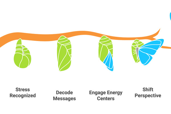 A caterpillar transforms into a butterfly on a branch. Stages labeled: Stress Ignored, Recognized, Decode Messages, Engage, Shift, Release.