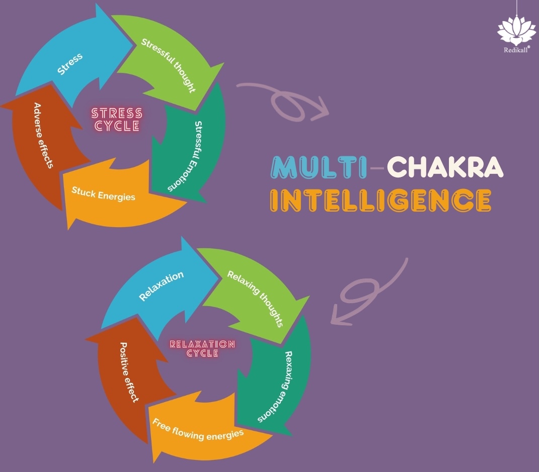 Two circular cycles labeled Stress and Relaxation in colorful arrows, each with descriptive text on their cycle. Central text: Multi-Chakra Intelligence.